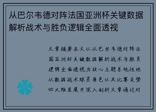 从巴尔韦德对阵法国亚洲杯关键数据解析战术与胜负逻辑全面透视